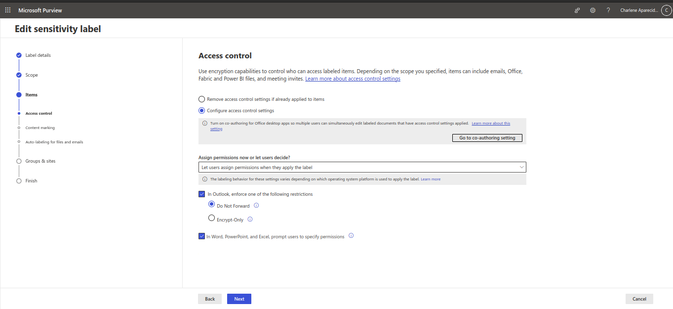 I can't RMS and IRM for use labels with permissions configurations ...