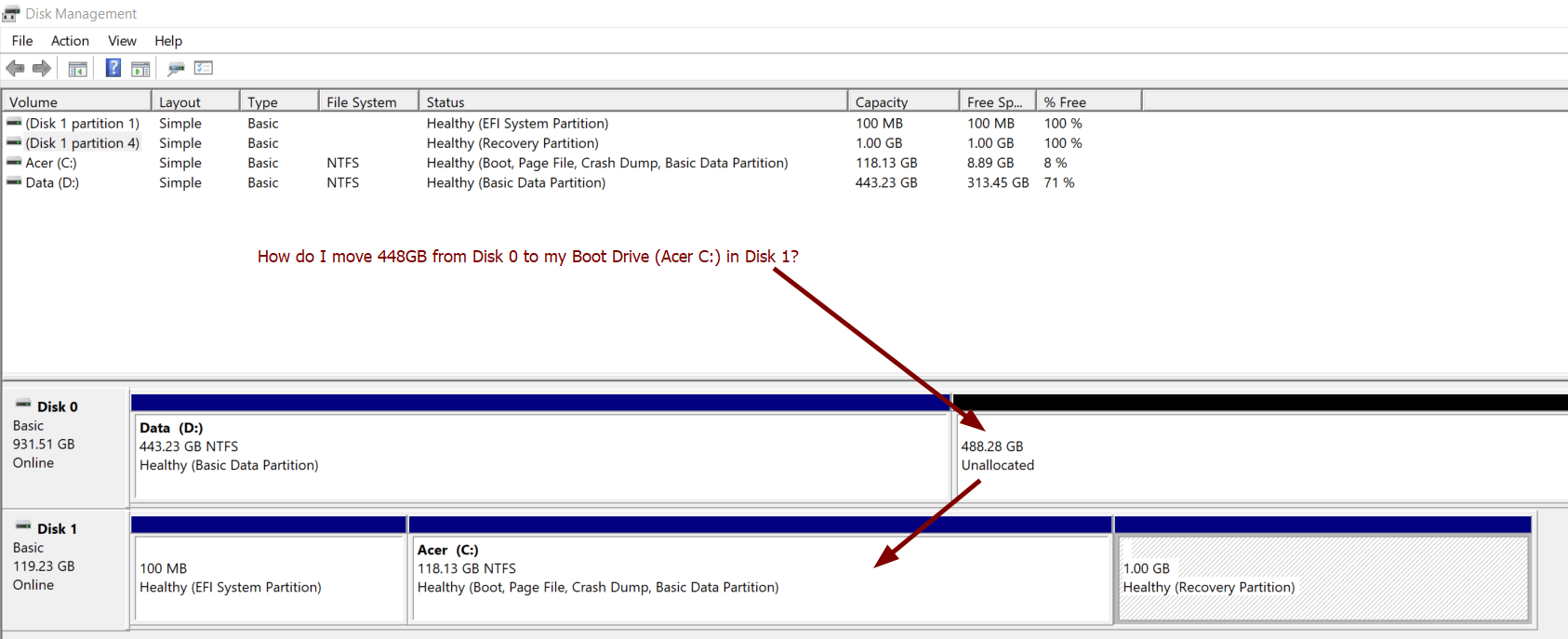 How do I extend my Boot Volume by moving unallocated space from another ...