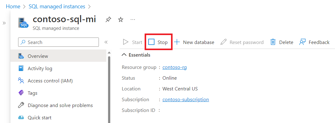 Screenshot of the managed instance 'Overview' pane in the Azure portal, with the 'Stop' button highlighted. 
