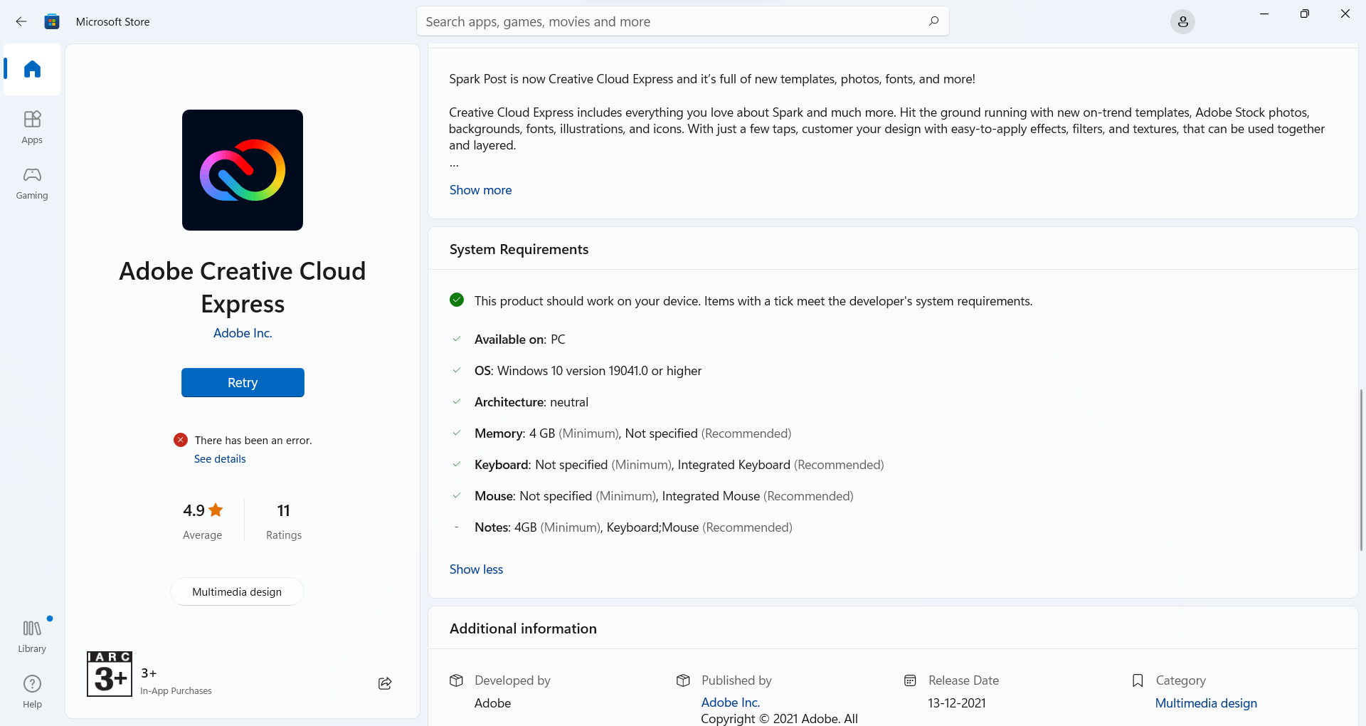 Adobe Creative Cloud Express in Microsoft Store in Windows 10 is Unable ...