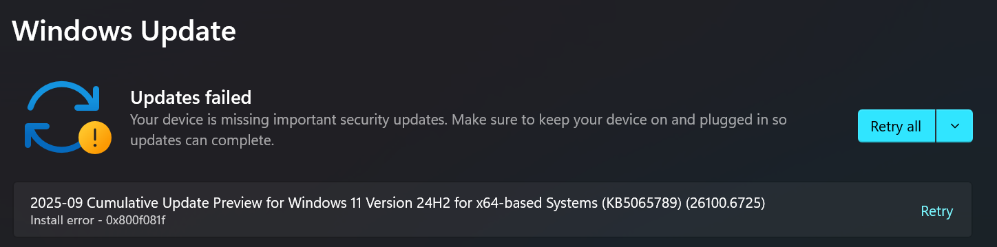 I am unable to update 2025-09 Cumulative Update Preview for Windows 11 ...