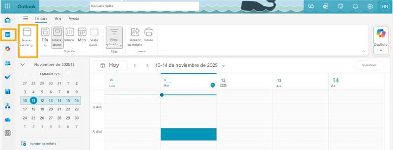 OutlookBúsqueda rápidaInicioVerAyudaNuevo eventoDíaSemana laboralSemanaMesVista divididaFiltro aplicadocompartir calendarioImprimirOrganizarCompartirNoviembre de 2025↑↓LMMXMJVSHoy<>10-14 de noviembre de 202527 28 29 30 311210 Lun11 Mar12 Mié10 11 12 13 14 15 1617 18 19 20 21 22 234 AM24 25 26 27 28 29 301234567885 AMAgregar calendarioHNCopilotoEn la oficina14Vie34 5 6 7 8 913 Jue