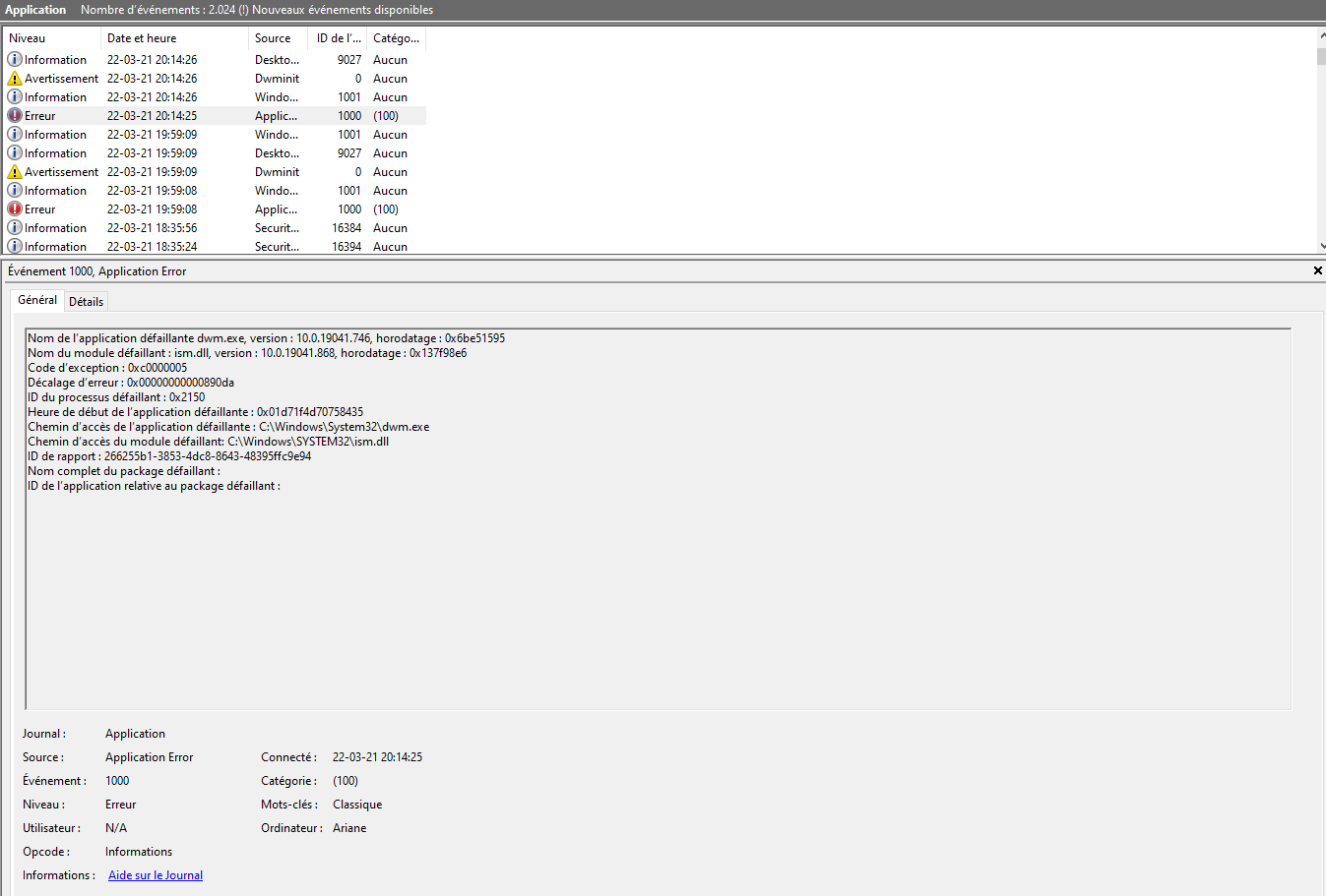 Evenement 1000, Application error - Microsoft Q&A